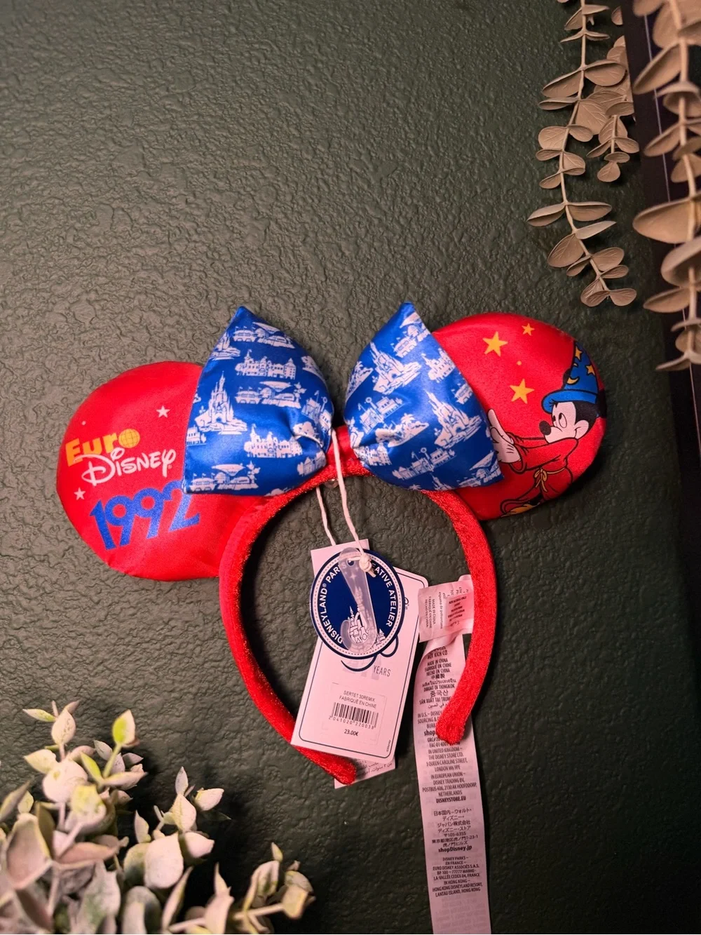 Disney Red & Blue Sorcerer Mickey 1992 Kids Ear Headband with Bow
